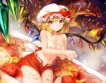  1girl bare_legs blonde_hair blush breasts closed_mouth collarbone commentary_request crystal eyes_visible_through_hair flandre_scarlet food fruit hair_between_eyes hand_on_own_chest hat hat_ornament highres looking_at_viewer mob_cap navel nipples obaoba_(monkeyix) red_eyes red_skirt short_hair sitting sitting_on_food skirt small_breasts smile solo topless touhou wariza white_hair 