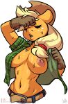  alpha_channel anthro anthrofied applejack_(mlp) atryl belt blonde_hair clothed clothing cowboy_hat earth_pony equid equine eyes_closed female freckles friendship_is_magic fur gloves hair half-length_portrait hat horse mammal my_little_pony navel one_breast_out open_mouth open_shirt orange_fur patreon plaid pony ponytail portrait shirt signature simple_background solo sweat t-shirt transparent_background wiping 