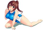  arm_support barefoot blush bosshi breasts brown_hair competition_swimsuit feet green_eyes kneeling large_breasts long_hair mizugi_kanojo mizuho_(mizugi_kanojo) one-piece_swimsuit ponytail smile solo spread_legs swimsuit wet 