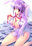  absurdres animal_ears bad_id bad_pixiv_id bottomless breasts bunny_ears cleavage dress_shirt hair_over_breasts highres kobanzame large_breasts long_hair mouth_hold naked_shirt necktie no_panties open_clothes open_shirt purple_hair red_eyes red_neckwear reisen_udongein_inaba shirt sitting solo touhou undone_necktie wariza 