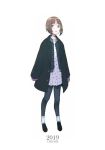  1girl 2019 :o artist_name bangs black_coat black_footwear black_jacket black_legwear brown_eyes brown_hair casual coat commentary_request dress full_body girls_und_panzer heart heart_print jacket light_blush looking_at_viewer mittens new_year nishizumi_miho open_clothes open_coat open_jacket open_mouth pantyhose print_dress purple_mittens shoes short_dress short_hair simple_background solo standing umiu_(hoge) white_background white_dress 