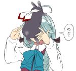  1girl ahoge animal animal_on_head animalization aqua_neckwear arms_up artist_request black_ribbon bow bowtie braid bunny collared_shirt commentary_request covering_face dress fujinami_(kantai_collection) grey_hair hair_over_eyes hair_over_shoulder hair_ribbon hamanami_(kantai_collection) kantai_collection long_hair long_sleeves on_head purple_dress ribbon school_uniform shirt simple_background single_braid sleeveless sleeveless_dress speech_bubble translation_request upper_body white_background white_shirt 
