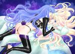  ass blonde_hair blue_hair blush boots bunny_tail chin_grab dual_persona hals0524 long_hair lying macross macross_frontier macross_frontier:_itsuwari_no_utahime multiple_girls sheryl_nome tail thigh_boots thighhighs yuri 