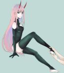  1girl ankle_grab bangs barefoot black_gloves black_legwear black_leotard blue_background darling_in_the_franxx elbow_gloves eyebrows_visible_through_hair gloves green_eyes horns invisible_chair leggings leotard long_hair looking_at_viewer mukkun696 pink_hair shiny shiny_hair simple_background sitting very_long_hair zero_two_(darling_in_the_franxx) 