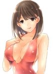  anegasaki_nene breasts brown_eyes brown_hair casual_one-piece_swimsuit cleavage face large_breasts love_plus mole mole_under_eye one-piece_swimsuit short_hair smile solo swimsuit taira_tsukune 