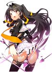  :o arrow black_hair black_legwear char face le;0 long_hair looking_back necktie red_eyes school_uniform serafuku solo tearing_clothes thighhighs torn_clothes torn_legwear 