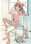  bad_id bad_pixiv_id barefoot brown_eyes brown_hair camisole cat digital_media_player feet_on_chair hair_bobbles hair_ornament hand_on_headphones headphones light_smile long_hair miso_katsu navel open_clothes open_shirt original panties shirt shoes side_ponytail single_shoe sitting slippers solo striped striped_panties underwear 