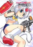  animal_ears backpack bad_id bad_pixiv_id bag beam_rifle blue_eyes buruma cosplay energy_gun green_eyes gun gundam kitsune_choukan mobile_suit_gundam rx-78-2 rx-78-2_(cosplay) school_uniform serafuku shield short_hair solo tail weapon white_hair 