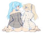 ass ass-to-ass bare_shoulders barefoot blonde_hair blue_eyes blue_hair blush blush_stickers breasts butt_crack curvy dimples_of_venus eyebrows feet huge_breasts looking_back mel/a melfina_bluesky melmaid multiple_girls no_pants off-shoulder_sweater original panties ponytail red_eyes ribbon sideboob sidelocks sitting sketch slender_waist soles striped striped_panties stuffed_toy sweater toes turtleneck underwear wariza wide_hips 