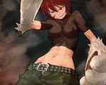  abs angry babydoll_t-shirt belt breasts cargo_pants covered_nipples crop_top duplicate kaibutsu_oujo lowleg lowleg_pants medium_breasts midriff muscle navel pants paws red_eyes red_hair riza_wildman skin_tight solo sun-3 teeth unzipped 