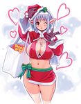  breasts christmas cleavage covered_nipples cross gift hat heart highres huge_breasts mugen_no_fantasia one_eye_closed pointy_ears red_eyes ryoji_(nomura_ryouji) santa_costume santa_hat short_hair snow solo thighhighs white_hair wide_hips 
