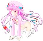  :&lt; bad_id bad_pixiv_id blush bottomless flat_chest kneeling nipples no_panties open_clothes open_shirt patchouli_knowledge pink_eyes pink_hair shirt solo thighhighs touhou white_legwear yako 