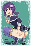  ass ass_grab bad_id bad_pixiv_id bare_shoulders battle_spirits battle_spirits:_shounen_gekiha_dan card dress from_behind grabbing_own_ass hair_ornament heart looking_back lying_card panties pantyshot pantyshot_(squatting) purple_eyes purple_hair purple_legwear shoes short_hair short_twintails solo squatting tamagoroo_(funifuni_labo) thighhighs thong tiptoes twintails underwear v viole_mai white_panties 