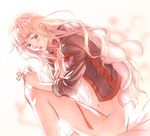  blonde_hair blue_eyes blush bottomless jacket kunimoto_ori long_hair macross macross_frontier navel open_clothes open_shirt red_string sheryl_nome shirt sitting sleeves_rolled_up solo string 