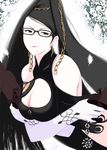  bayonetta bayonetta_(character) black_eyes black_hair breasts cleavage earrings elbow_gloves feathers glasses gloves gun hair_ornament jewelry large_breasts long_hair mole mole_under_mouth nanahime solo weapon 