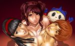  amagi_yukiko black_hair breast_press breasts brown_eyes brown_hair hairband kujikawa_rise kuma_(persona_4) long_hair medium_breasts multiple_girls nude persona persona_4 realistic satonaka_chie short_hair symmetrical_docking take_(draghignazzo) twintails 