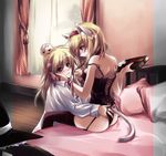  alice_margatroid animal_ears bed blonde_hair blue_eyes book brown_eyes cat_ears cat_tail chain collar hairband kirisame_marisa multiple_girls namatarou shameimaru_aya sitting strap_slip tail thighhighs touhou when_you_see_it yukkuri_shiteitte_ne yuri 