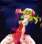  blonde_hair blood byoin commentary_request fangs flandre_scarlet hat red_eyes short_hair side_ponytail solo touhou vampire wings 