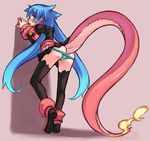  ass blue_hair blush boots dragon_tail fire flame long_hair looking_back monster_girl original panties panty_pull pink_footwear red_eyes rumie skirt solo tail tail-tip_fire thighhighs tiona underwear 