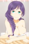  10s 1girl bandage bandages_around_chest bare_shoulders blush breasts cleavage crossed_arms eyebrows_visible_through_hair feitonokesin green_eyes hair_down highres large_breasts long_hair looking_at_viewer love_live! love_live!_school_idol_project purple_hair smile solo toujou_nozomi 