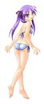  absurdres ass barefoot bikini blue_eyes blush butt_crack dimples_of_venus feet flat_chest full_body hair_ribbon hands highres hiiragi_kagami kneepits long_hair looking_back lucky_star norizou_type-r purple_hair ribbon side-tie_bikini smile standing swimsuit tsurime twintails 