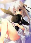  ahoge blush brown_eyes bunny chikotam grey_hair hair_ribbon highres hug kasugano_sora legs long_hair panties pink_panties ribbon side-tie_panties silver_hair solo stuffed_animal stuffed_toy underwear window yosuga_no_sora 