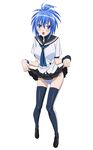  blue_eyes blue_hair blush genderswap genderswap_(mtf) highres kampfer legs mokke_(mokke99) panties senou_natsuru skirt skirt_lift solo striped striped_panties thighhighs underwear 