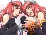  blush breast_press breast_squeeze breasts cross demon_girl detached_sleeves dual_persona gloves horns huge_breasts la_pucelle maou_prier multiple_girls nipples pink_hair prier red_eyes symmetrical_docking taro yuri 