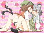  all_fours animal_ears ass blush brown_hair cat_ears cat_tail chen earrings fuyutarou grey_hair heart highres jewelry mouse_ears mouse_tail multiple_girls multiple_tails nazrin no_pants panties pendant saliva saliva_trail short_hair tail touhou underwear yellow_eyes yuri 