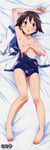  absurdres armpits arms_behind_back artist_request barefoot bed_sheet blush breast_hold breasts brown_eyes brown_hair cleavage d: dakimakura feet full_body hands highres miyafuji_yoshika non-web_source one-piece_swimsuit open_mouth pulled_by_self school_swimsuit short_hair small_breasts solo strike_witches swimsuit swimsuit_pull world_witches_series 