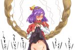  blush bottomless dress dress_lift groin hair_ornament kouzilow leaf_hair_ornament purple_hair rope short_hair solo touhou translated yasaka_kanako 