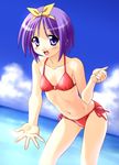  bikini blue_eyes blush day flat_chest hands highres hiiragi_tsukasa lucky_star navel norizou_type-r open_mouth purple_hair ribbon short_hair side-tie_bikini smile swimsuit 