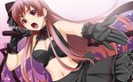  breasts brown_hair cleavage face gloves ha-ru large_breasts long_hair microphone midriff original solo 