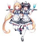  2girls :d ahoge animal_ear_fluff animal_ears apron bangs bendy_straw black_dress black_footwear black_hair blonde_hair bow breasts brown_eyes cat_ears cat_girl cat_tail center_frills closed_mouth commentary commission cup dress drink drinking_glass drinking_straw english_commentary eyebrows_visible_through_hair frilled_apron frills hair_between_eyes holding holding_tray ice ice_cube locked_arms long_hair low_twintails maid maid_headdress mary_janes mechuragi multiple_girls open_mouth original pink_bow puffy_short_sleeves puffy_sleeves red_eyes shoes short_sleeves simple_background small_breasts smile standing standing_on_one_leg tail tail_bow thighhighs tray twintails very_long_hair white_apron white_background white_legwear wrist_cuffs 