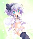  blue_eyes blush hair_ribbon konpaku_youmu konpaku_youmu_(ghost) mouth_hold navel no_pants open_clothes open_shirt panties ribbon sakurazari_hotori sarashi shirt short_hair silver_hair solo striped striped_legwear thighhighs touhou underwear undressing white_panties 