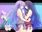  akino_subaru bare_shoulders blue_eyes breasts flower galge.com large_breasts lingerie long_hair multiple_girls nipples panties purple_hair red_eyes side-tie_panties underwear yuri 