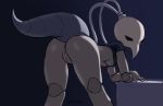  antennae anthro anus arthropod big_breasts black_eyes breasts butt clothing empty_eyes female hollow_knight insect insect_abdomen iselda_(hollow_knight) looking_at_viewer looking_back monochrome napalm_express non-mammal_breasts presenting presenting_hindquarters pussy_juice rear_view simple_background solo under_boob video_games 
