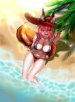  1girl absurdres animal_ear_fluff animal_ears beach bikini blue_bikini blush breasts cleavage collarbone ears_through_headwear fate/grand_order fate_(series) fox_ears fox_girl fox_tail groin hat highres large_breasts long_hair looking_at_viewer looking_up ocean one_eye_closed open_mouth outdoors palm_leaf palm_tree pink_hair side-tie_bikini solo straw_hat sun_hat swimsuit tail tamamo_(fate)_(all) tamamo_no_mae_(swimsuit_lancer)_(fate) tree yellow_eyes 