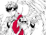  1boy belial_(granblue_fantasy) black_hair deba feathered_wings feathers gloves granblue_fantasy long_sleeves looking_at_viewer male_focus military military_uniform red_eyes smile solo uniform white_gloves wings 