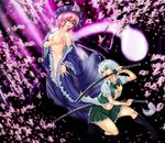  blue_eyes breasts enmatime ghost hairband hat katana konpaku_youmu konpaku_youmu_(ghost) large_breasts multiple_girls no_bra open_clothes open_shirt pink_eyes pink_hair saigyouji_yuyuko shirt short_hair silver_hair sword touhou weapon 