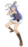  angry bangs blue_hair blunt_bangs boots constricted_pupils cross-laced_footwear frog highres kannagi knee_boots lace-up_boots ling_(cg_sky) nagi pleated_skirt skirt solo wand white_skirt 