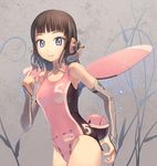  bad_id bad_pixiv_id bare_shoulders brown_hair competition_swimsuit detached_sleeves headphones long_hair one-piece_swimsuit original pink_swimsuit purple_eyes smile solo swimsuit tougetsu_gou wings 