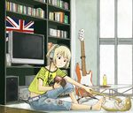  anklet barefoot bass_guitar black_eyes blonde_hair book bracelet capri_pants cat denim duplicate feet guitar headphones instrument jeans jewelry kon_futaba music naotan non-web_source pants reading short_hair solo soredemo_machi_wa_mawatteiru television torn_clothes torn_jeans torn_pants union_jack 