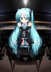  aqua_eyes aqua_hair detached_sleeves hatsune_miku highres instrument long_hair microphone necktie panties pantyshot piano piano_bench sitting solo striped striped_panties suzume_inui thighhighs twintails underwear vocaloid 