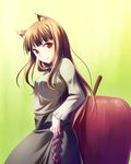  animal_ears apple brown_hair fang food fruit highres holo long_hair natsukon red_eyes solo spice_and_wolf wolf_ears 