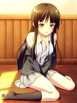  akiyama_mio breasts cleavage highres k-on! kneehighs long_hair medium_breasts natsukon school_uniform sitting socks solo tears 
