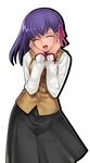  absurdres closed_eyes fate/stay_night fate_(series) hair_ribbon hand_over_face happy highres homurahara_academy_uniform long_sleeves matou_sakura mikazuki_akira! purple_hair ribbon school_uniform skirt solo 