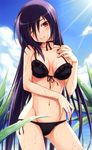  absurdres amakura bikini black_bikini black_hair breasts contrapposto day front-tie_top groin highres light_rays long_hair looking_at_viewer medium_breasts mikage_(toppara) one_eye_closed scan side-tie_bikini solo standing sunbeam sunlight swimsuit toppara 