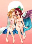  bare_shoulders barefoot blonde_hair bottomless bow braid breasts camisole cape closed_eyes commentary_request feet hands kirisame_marisa large_breasts long_hair multiple_girls naked_cape nipples nude reiuji_utsuho touhou tsuutenkaaku wings yuri 