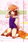  absurdres bakemonogatari bangs bare_shoulders blue_swimsuit blush body_blush breasts brown_eyes brown_hair buttons cabbie_hat closed_mouth copyright_name covered_navel from_side full_body hand_up hat highres hips jacket jacket_removed kneeling legs_apart light_smile long_sleeves looking_at_viewer monogatari_(series) mouth_hold name_tag official_art old_school_swimsuit omamori one-piece_swimsuit open_clothes open_jacket orange_hat orange_jacket outline pocket raised_eyebrows salute scan school_swimsuit sengoku_nadeko shadow sideways_hat small_breasts smile solo strap_slip swimsuit tan tanline two-finger_salute unbuttoned watanabe_akio white_background 